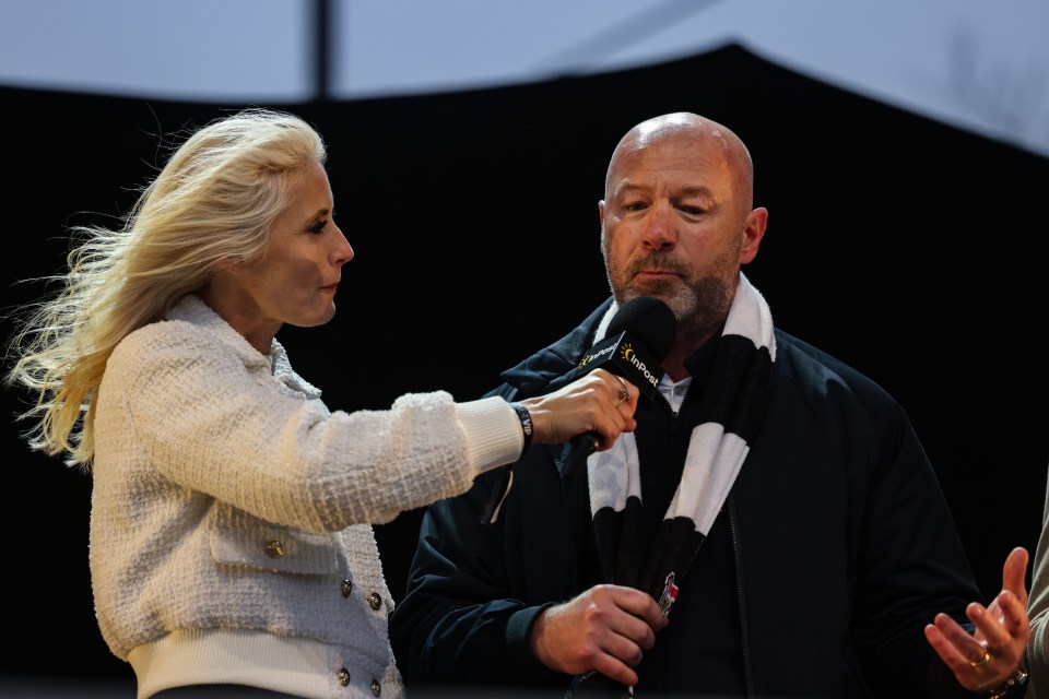 Alan Shearer being interviewed at a Newcastle United trophy parade.
