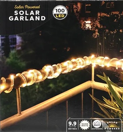 Product box showing solar-powered garland lights.