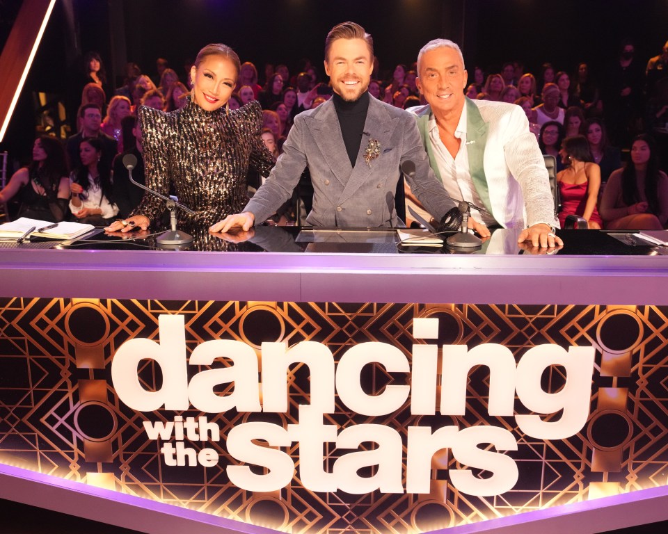 Carrie Ann Inaba, Derek Hough, and Bruno Tonioli at the judges' table on Dancing with the Stars.