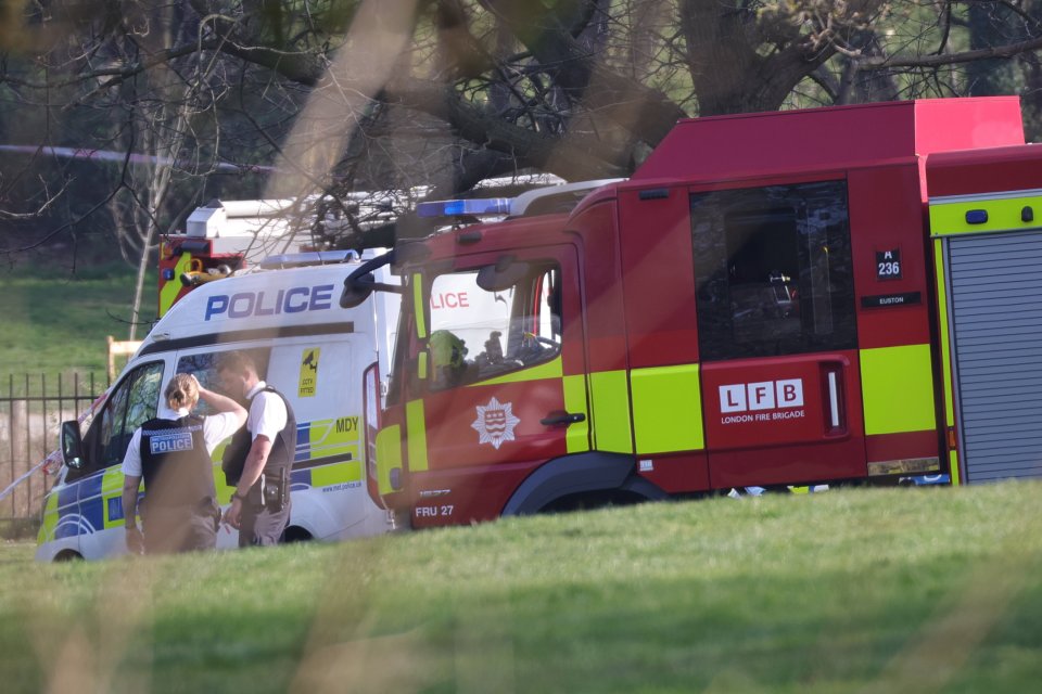 Emergency services vehicles at a park.