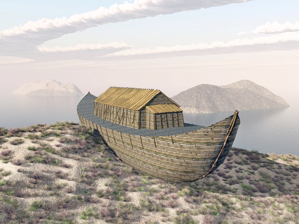 Illustration of Noah's Ark on a hillside.