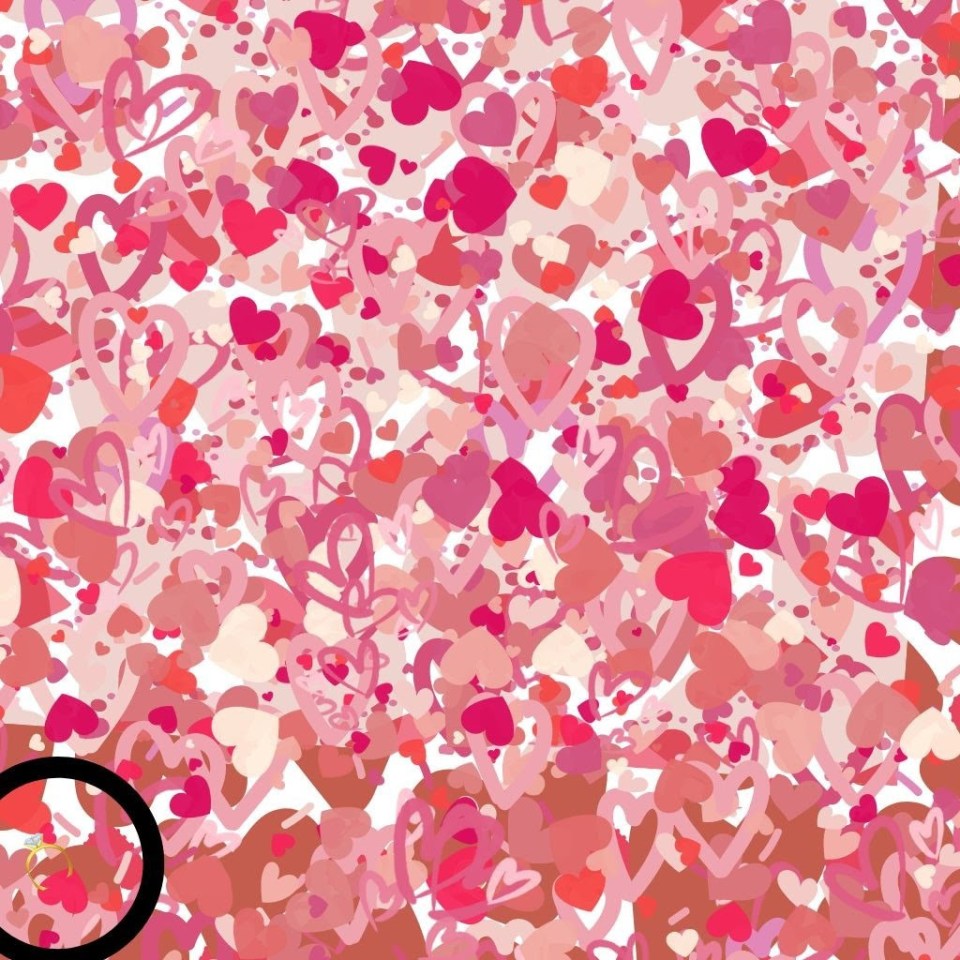 Optical illusion: find the ring hidden among pink hearts.
