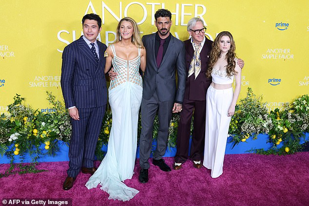 They also stopped for a group picture (L-R Henry Golding, Blake, Michele Morrone, Paul Feig and Anna)