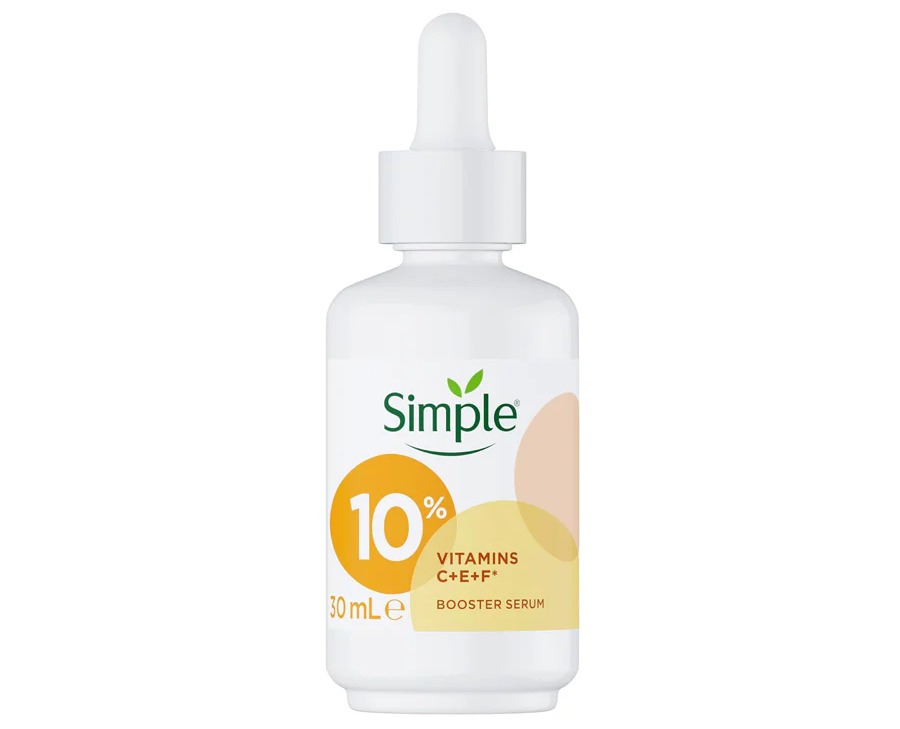 Simple 10% Vitamins C+E+F* Booster Serum, 30ml bottle.