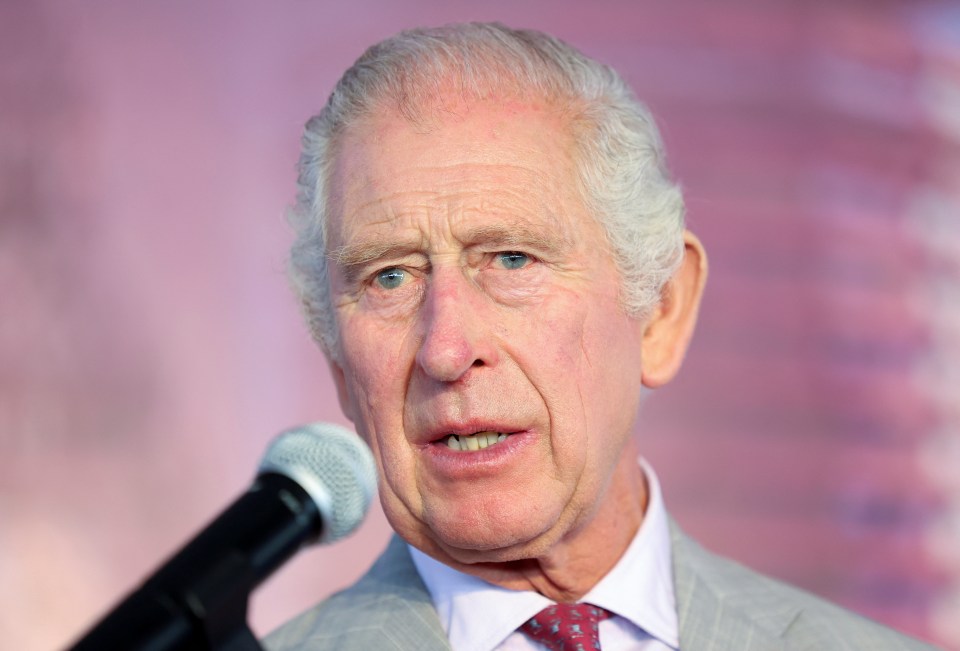 King Charles III speaking at a microphone.