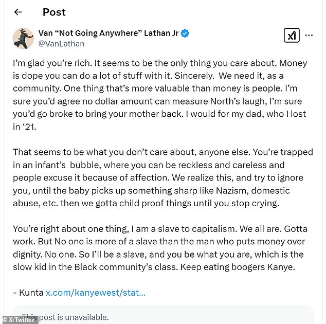Podcaster Van Lathan, who famously clashed with West in a heated discussion in the TMZ newsroom in May of 2018, was critical of the rapper's tweets February 20