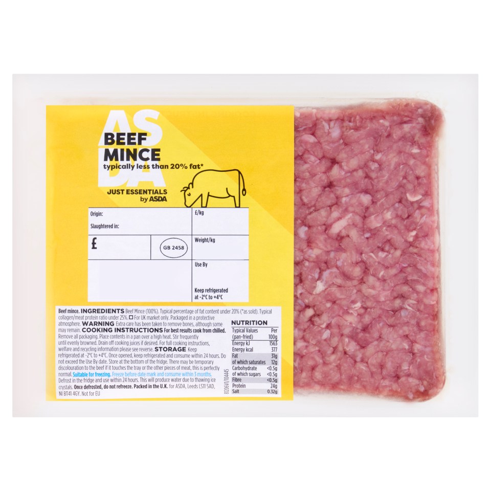 Package of Asda Just Essentials beef mince.
