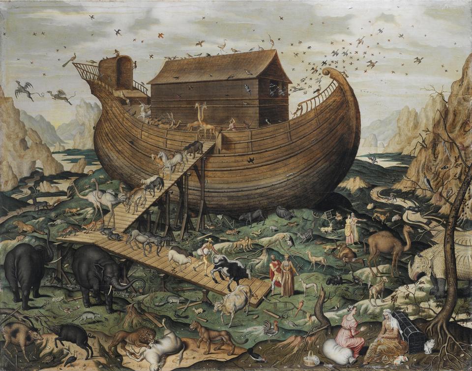 Illustration of Noah's Ark on Mount Ararat, with animals disembarking.