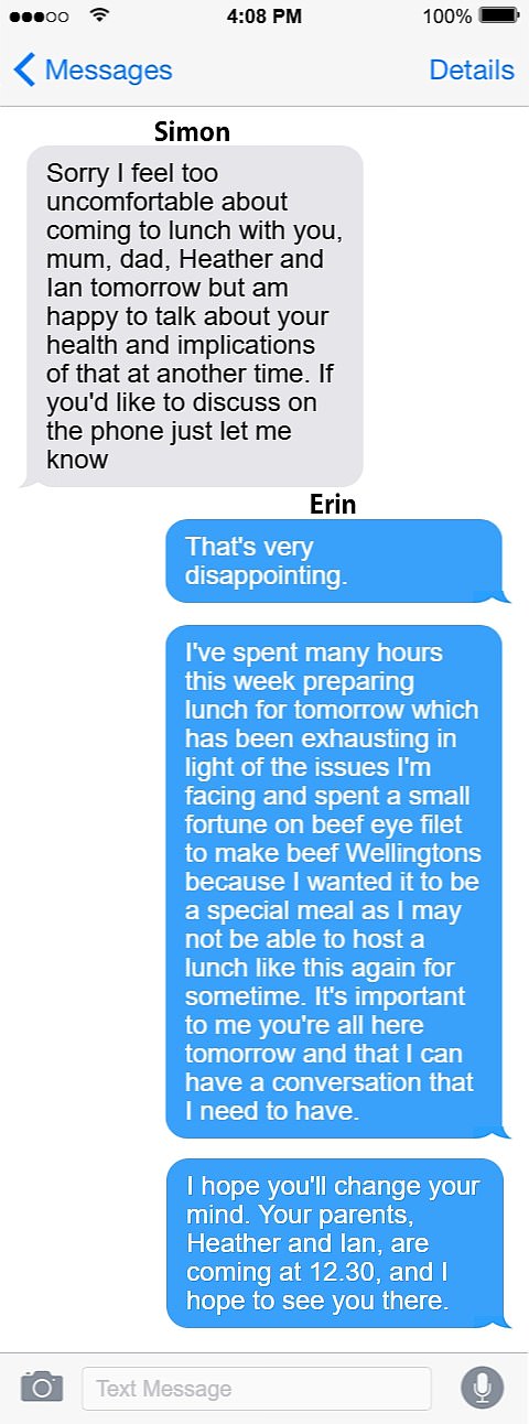 Simon texted Erin Patterson telling her he was pulling out of lunch