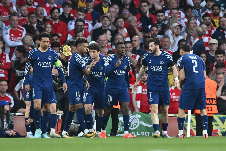 Paris Saint-Germain players celebrating a goal.