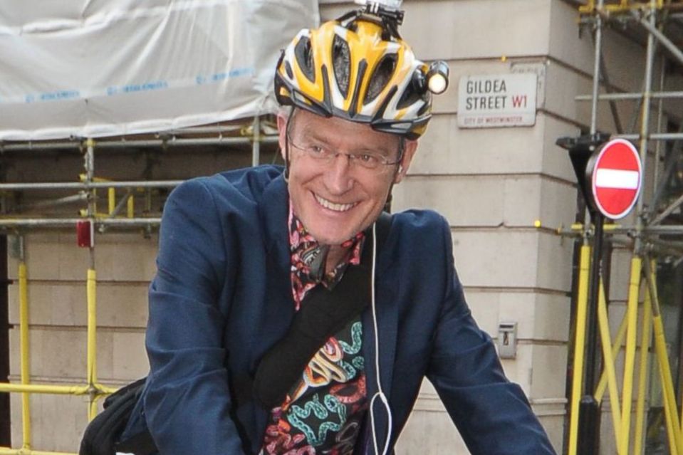 An image collage containing 1 images, Image 1 shows Jeremy Vine leaving BBC Radio 2 studios on a bike