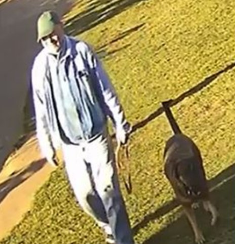 Man walking a dark-colored dog.