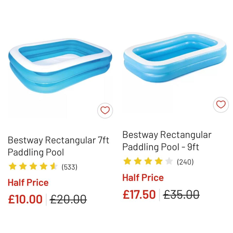 Two Bestway rectangular paddling pools; 7ft and 9ft, shown with prices.