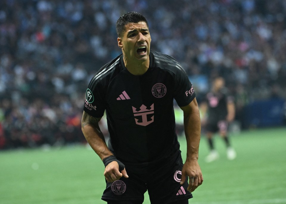 Luis Suarez of Inter Miami CF reacts during a soccer game.