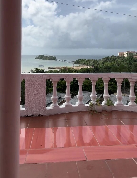 Ocean view from a pink balcony.