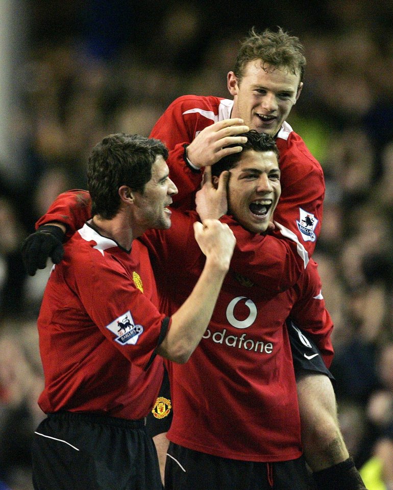 Cristiano Ronaldo, Wayne Rooney, and Roy Keane celebrating a Manchester United goal.