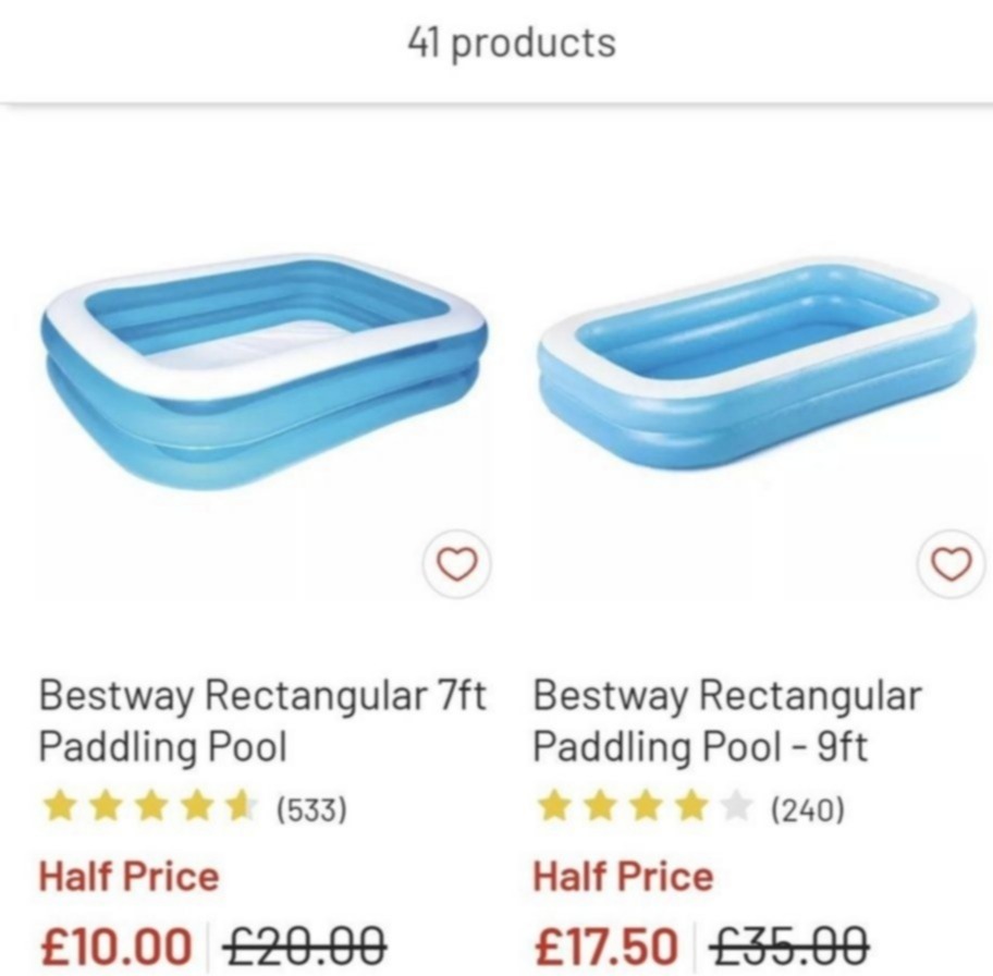 Two Bestway rectangular paddling pools; 7ft and 9ft, both half price.