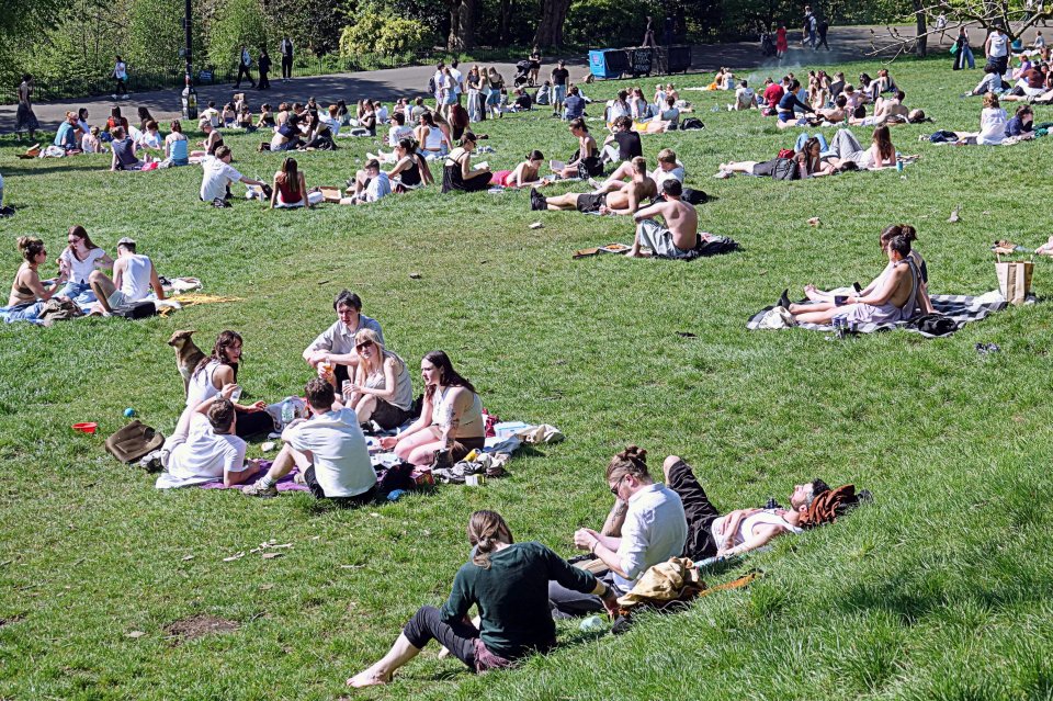 People relaxing on a sunny day in a park.