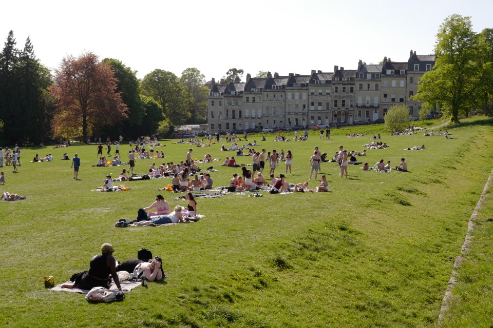 People sunbathing on a grassy lawn in front of a row of buildings.
