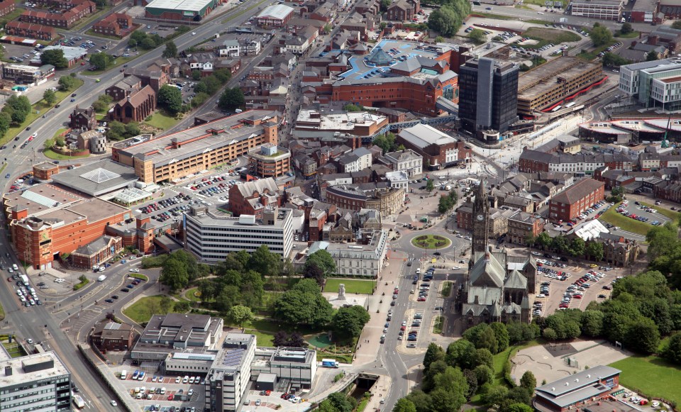 Aerial view of Rochdale town centre.