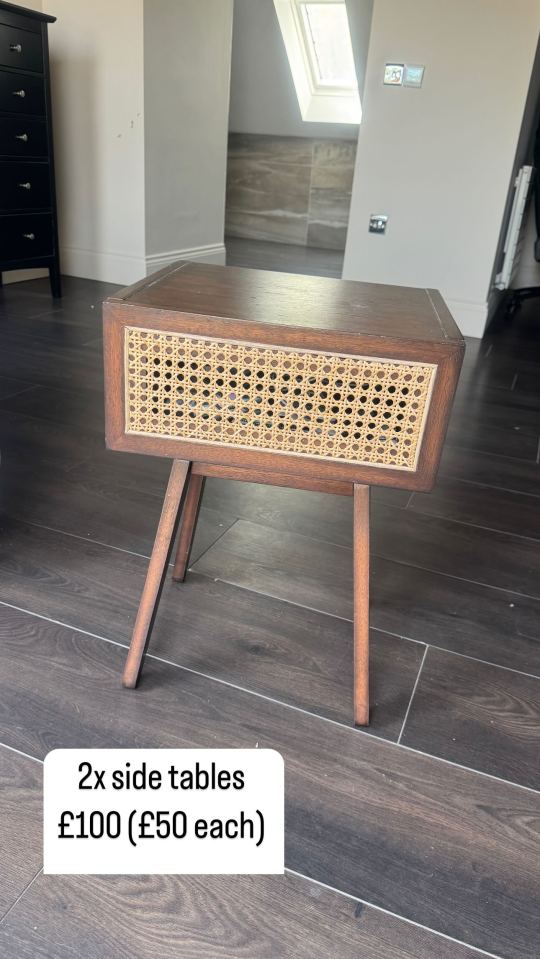 Two brown wooden side tables with woven cane fronts, £100 (£50 each).