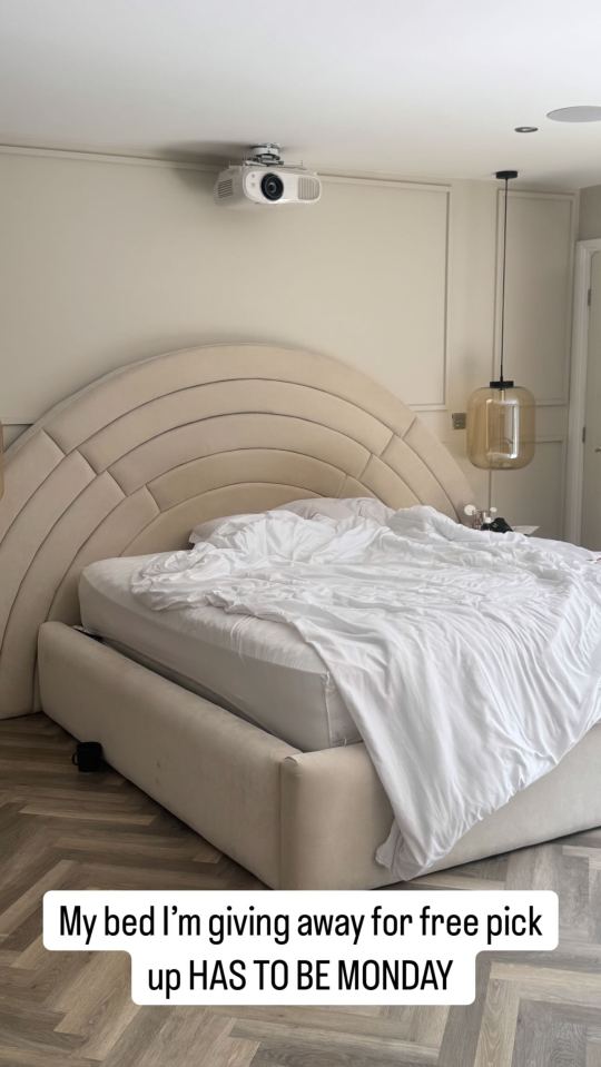 Beige bed with arched headboard, offered for free pickup on Monday.