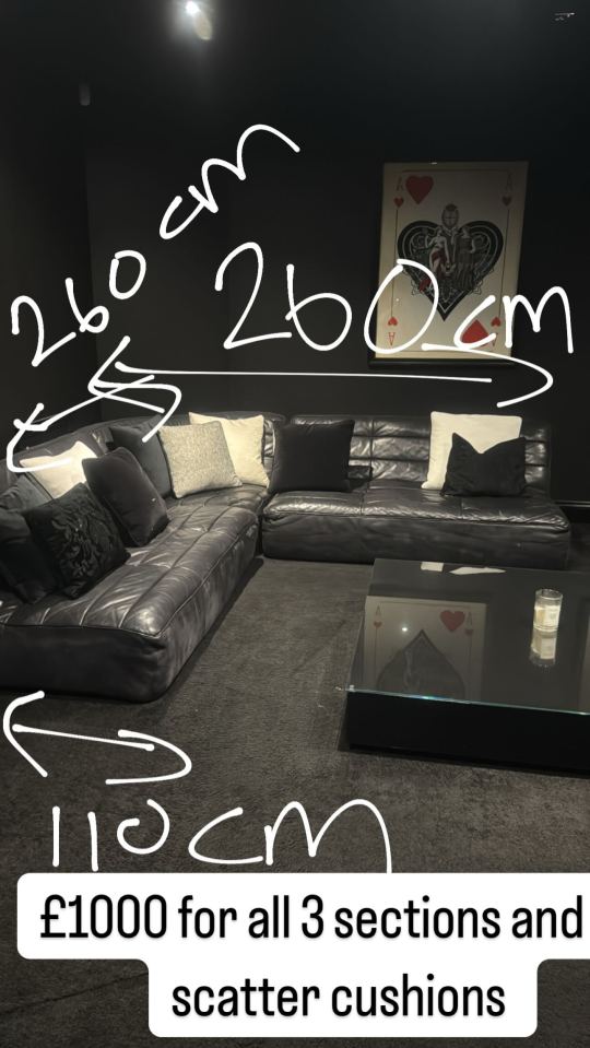 Three-section leather sectional sofa with scatter cushions for £1000.