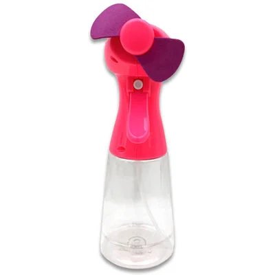 Pink hand-held misting fan.