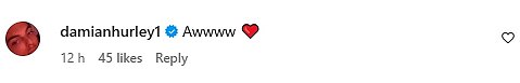And Elizabeth has the full support of her son as Damian also commented on the snap as he penned: ' Awwww ¿¿'