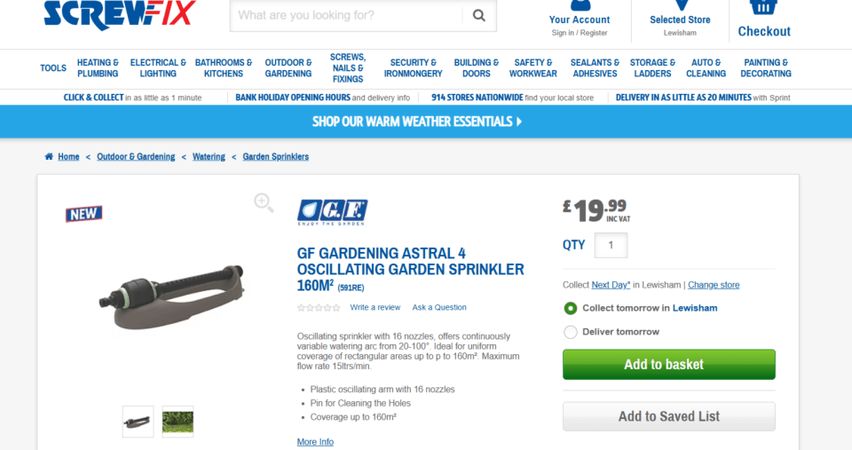 GF Gardening Astral 4 oscillating garden sprinkler (160m²) product page.