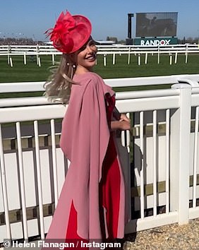 A short clip saw the TV personality cutting a stylish figure in a red and pink robe with a reddy-pink hat as she let her blonde tresses loose for a trip to Aintree races
