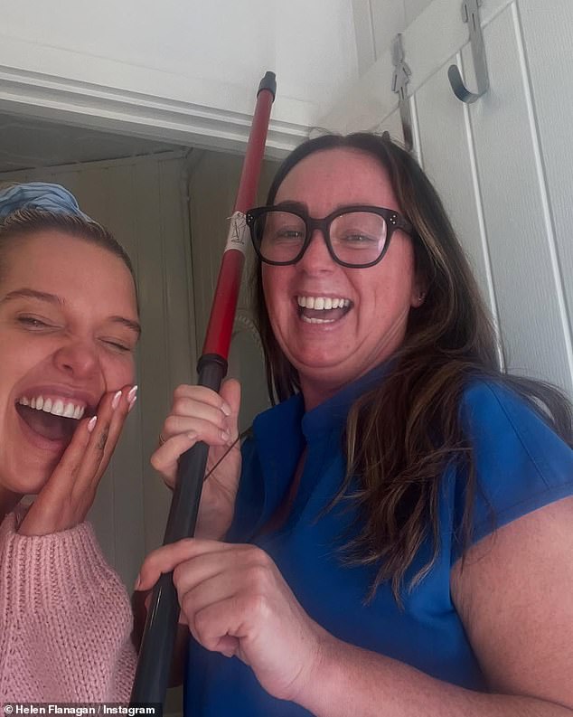 She was also spotted having a laugh with makeup artist Carla Lawson Jones in a photo which saw her don a knitted pink sweater and baby blue scrunchie