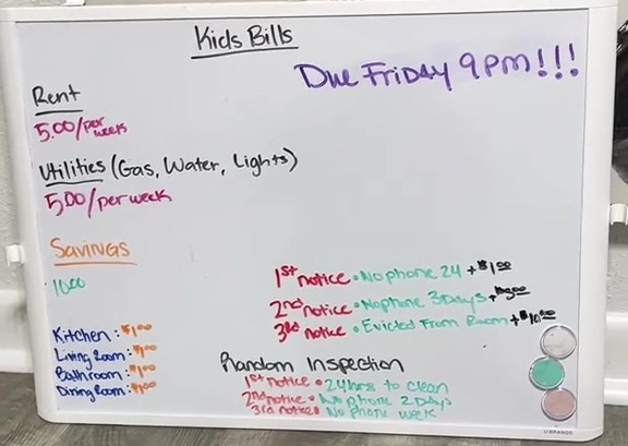 Whiteboard listing teenage daughters' rent and utilities, due Friday at 9 pm.