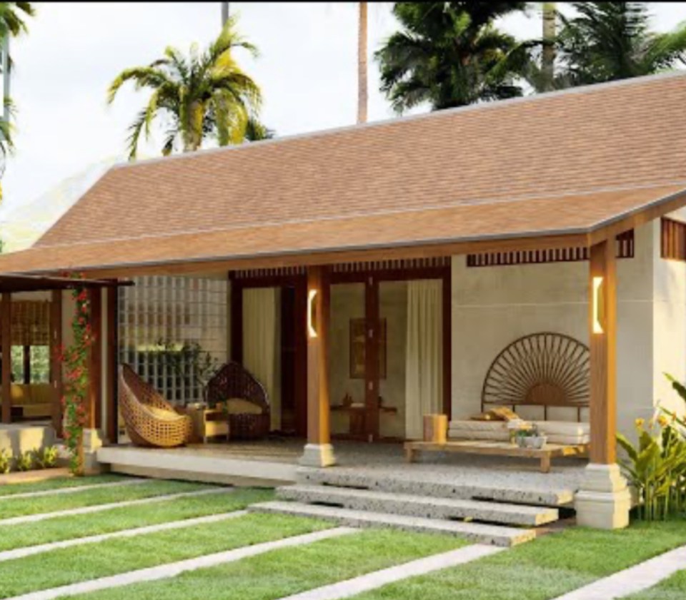 Tropical bungalow with patio furniture.
