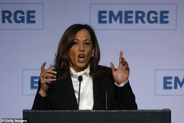 Former U.S. Vice President Kamala Harris delivers a keynote address during the Emerge 20th Anniversary Gala at the Palace Hotel