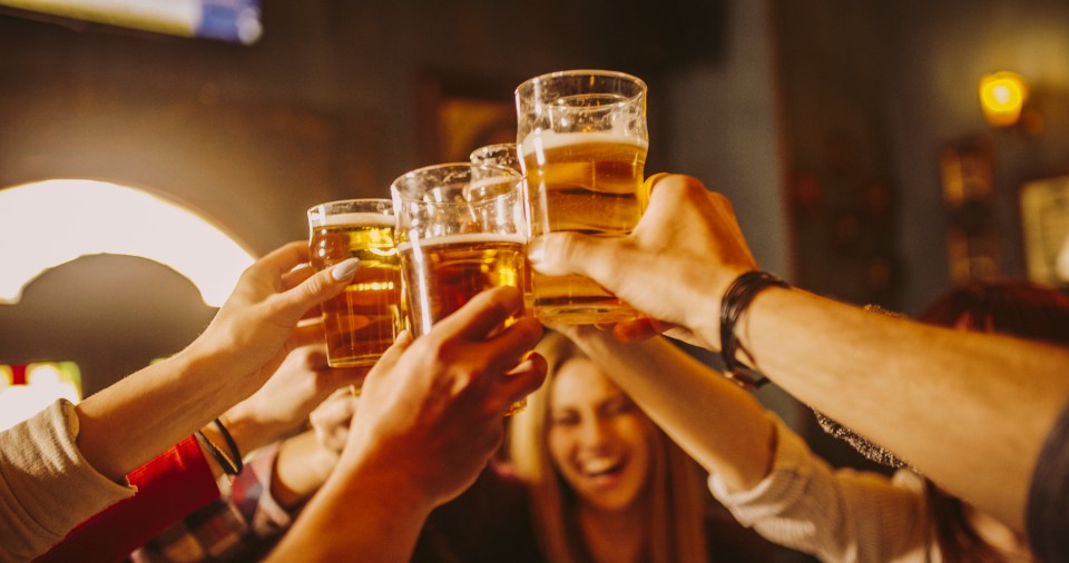 Friends toasting beer glasses at a pub.