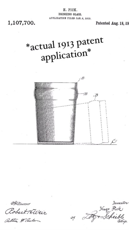 1913 patent application for a drinking glass design.