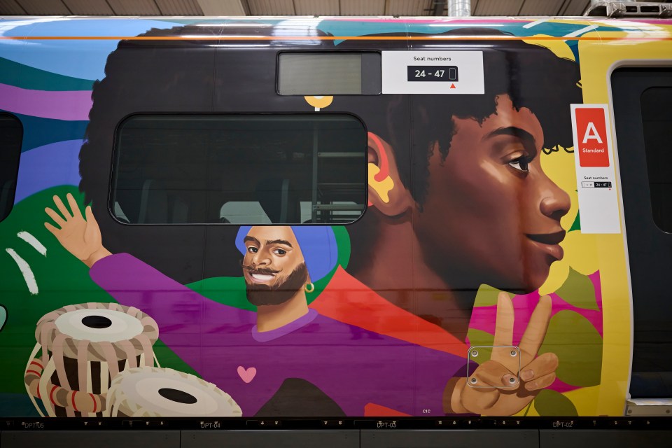 Illustration of a train wrapped in artwork celebrating diversity.