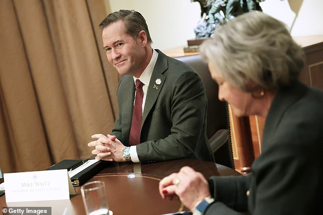 U.S. National Security Adviser Michael Waltz (L) listens during a Cabinet meeting at the White House