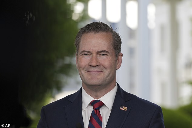 National Security Adviser Mike Waltz speaks during a television interview at the White House,