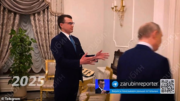 Putin opens his gold-plated door and says, 'Yes, this is the apartment. As you can see it's not far away,' before he invites the reporter, named Zarubin, in. The pair enter a grand hall adorned with gilded walls, large gold-framed mirrors, gold chandeliers, and exotic looking plants