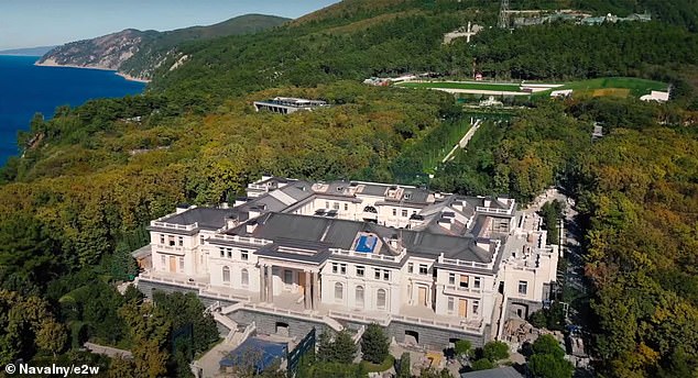 The Kremlin apartment video comes after last year leaked footage revealed he has revamped his £1 billion clifftop palace, getting rid of his pole-dancing boudoir and installing a church with a 'throne' for his personal use. Pictured: Dug into the sprawling countryside of Gelendzhik, Putin's opulent £1billion palace