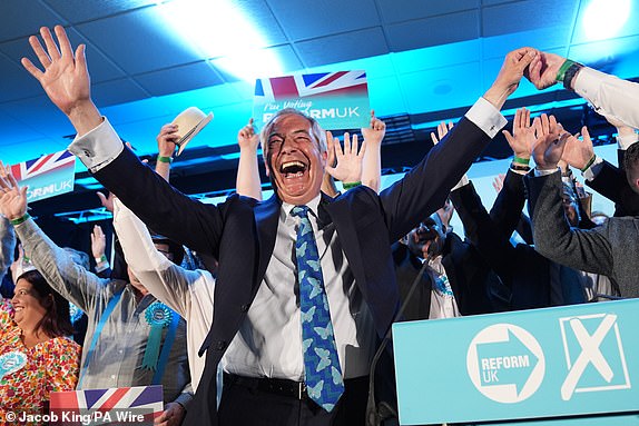 Reform UK party leader Nigel Farage with his party's candidates onstage during a campaign event at Stafford Showground, Stafford, whilst campaigning for this week's local elections. Picture date: Wednesday April 30, 2025. PA Photo. Voters will go to the polls on Thursday in 23 council areas across England and vote in six mayoral contests across devolved regions. The Runcorn and Helsby by-election will be held alongside the local elections. See PA story POLITICS Elections. Photo credit should read: Jacob King/PA Wire