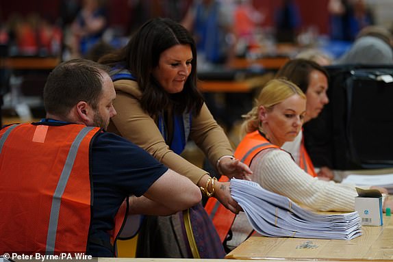 Votes are counted at DCBL Halton Stadium, Widnes, Cheshire, for the Runcorn and Helsby by-election. The by-election has been triggered by the resignation of former Labour MP Mike Amesbury.  Picture date: Thursday May 1, 2025. PA Photo. See PA story POLITICS Elections. Photo credit should read: Peter Byrne/PA Wire