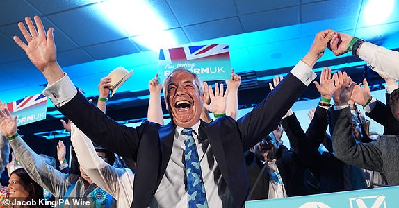 Reform UK party leader Nigel Farage with his party's candidates onstage during a campaign event at Stafford Showground, Stafford, whilst campaigning for this week's local elections. Picture date: Wednesday April 30, 2025. PA Photo. Voters will go to the polls on Thursday in 23 council areas across England and vote in six mayoral contests across devolved regions. The Runcorn and Helsby by-election will be held alongside the local elections. See PA story POLITICS Elections. Photo credit should read: Jacob King/PA Wire