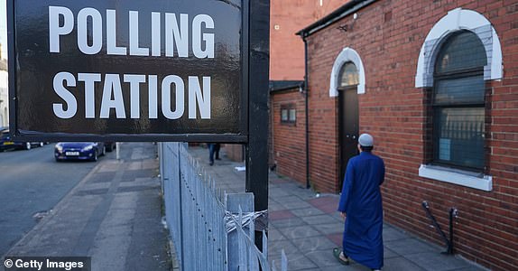 HULL, ENGLAND - MAY 01: A sign reading "Polling Station" is seen during local elections on May 01, 2025 in Hull, England. Voters across England will elect four regional mayors and 1,750 councillors on Thursday, 1 May 2025. (Photo by Ian Forsyth/Getty Images)