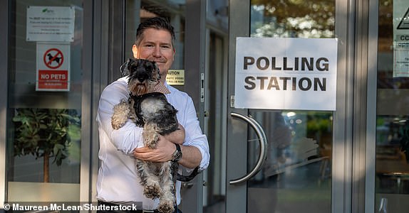Mandatory Credit: Photo by Maureen McLean/Shutterstock (15278364b) Conservative candidate Paul Kelly with his resue dog Rufus outside Burnham Park Hall in Buckinghamshire on local elections day Local Elections Polling Stations, Burnham, Buckinghamshire, UK - 01 May 2025