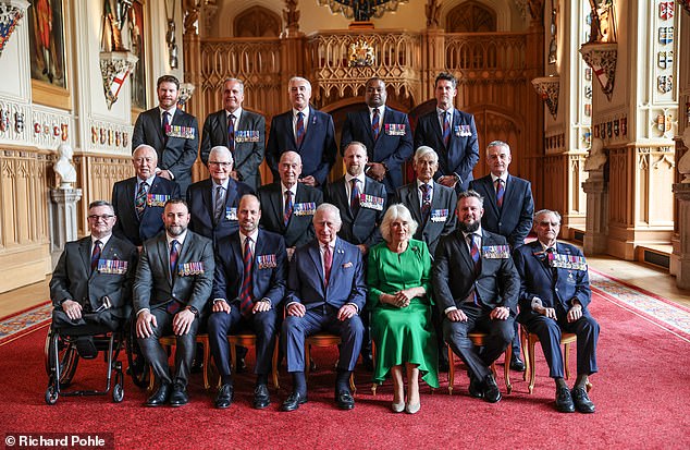 After posing for group photographs in St George’s Hall, the royal trio spent time with the VC & GC holders, and members of their families, as well as representatives of posthumously awarded recipients, in the Grand Reception Room
