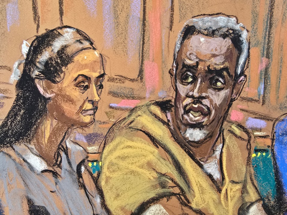 Courtroom sketch of Sean "Diddy" Combs with his attorney.