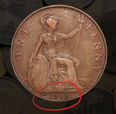 1918 British one penny coin.